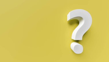 White question mark on yellow background. 3d rendering. Copy space on the left