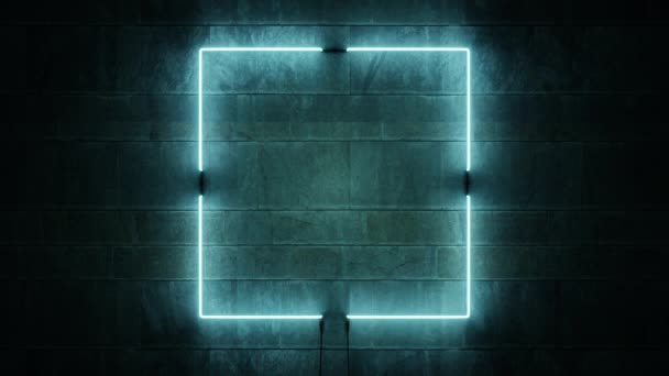 Blauw Flikkerend Neon Frame Moderne Stenen Muur Lichtvierkante Weergave — Stockvideo