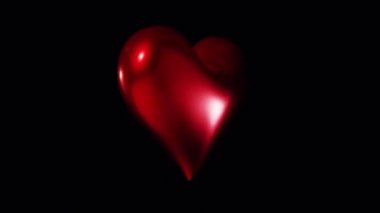 Siyah arka planda, çerçevenin ortasında dönen kırmızı, parlak bir kalbin 3D animasyonu. Döngüye hazır