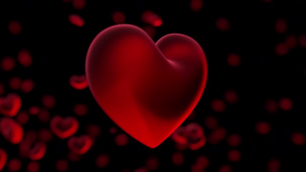 Animation Red Soft Heart Turning Middle Frame Black Background Filled — Stock Video
