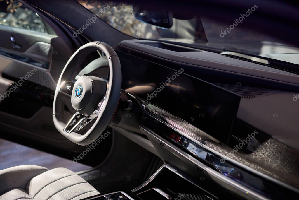 The interior of the new BMW 7 Series. The cockpit is finished in Swarovski crystals. Poland, Katowice, 14.05.2022