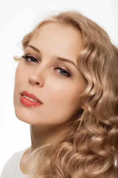 Beautiful blonde girl on white background close-up — Stock Photo, Image