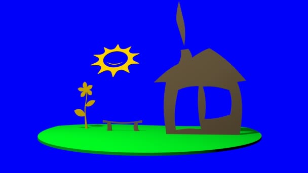 Maison, le soleil et la pelouse dans le style de l'enfance (alpha bleu )