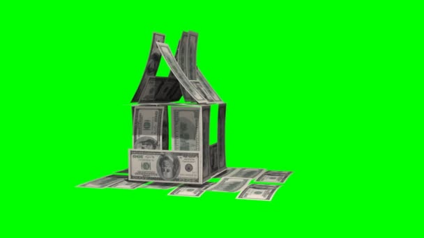 Dolar dům na zeleném pozadí alfa — Stock video