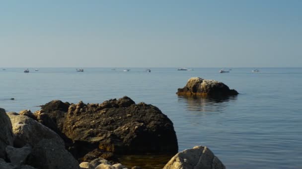 Hermoso paisaje marino y un montón de pequeños barcos que navegan — Vídeos de Stock