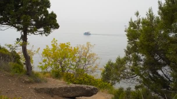 El barco con los turistas rueda sobre el mar — Vídeos de Stock