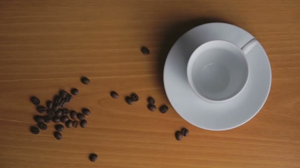 Granos de café en una taza y se arrastran soldados — Vídeo de stock