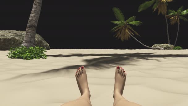 Жіночі Ноги Засмагають Пляжі Серед Долонь Прозорому Фоні — стокове відео