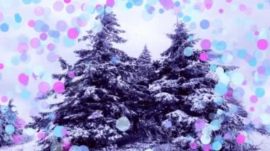 Yılbaşı, ormandaki yeni yıl ağaçları çok renkli bokeh arka planda. Mary Christmas ve mutlu yıllar arkaplan animasyonu.