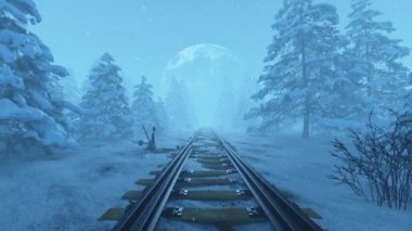 Yılbaşı treni, Noel günü, kar yağışı sırasında ormanda.. 