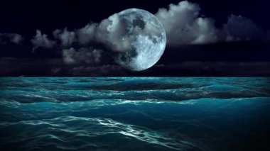 Magic waves of the sea above which the moon shines in the clouds. 