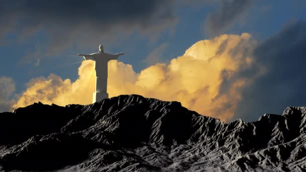 Statue Christ Redeemer Mountains Backdrop Clouds — Stock Video