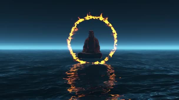 Uno Yogi Con Aura Ardente Siede Meditazione Sull Oceano Infinito — Video Stock