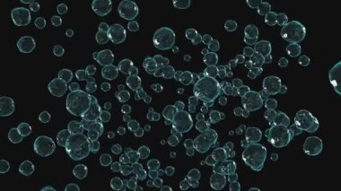 Akış birçok şeffaf damlacıktan gelen sıvı bir jet. Şeffaf arkaplanda su damlaları. 