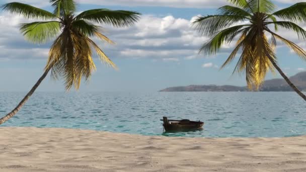 ヤシの木と熱帯のビーチの近くの海でボートで旅行 — ストック動画