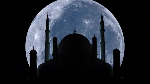 Uma Grande Lua Sobe Sobre Mesquita Durante Ramadã — Vídeo de Stock