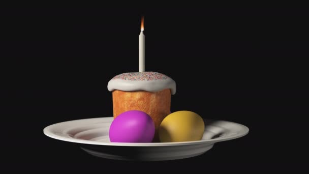 复活节面包 盘子里的鸡蛋和蜡烛在透明的背景上被点燃 复活节和复活的节日 — 图库视频影像