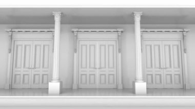 Sütunları olan sonsuz beyaz bir salona açılan kapılar