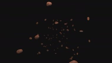 Slowly falling and rotating coffee beans on a transparent background.