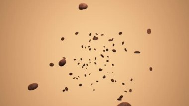 Slowly falling and rotating coffee beans.