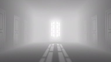 Entrance from the foggy corridor through the white door to the light.