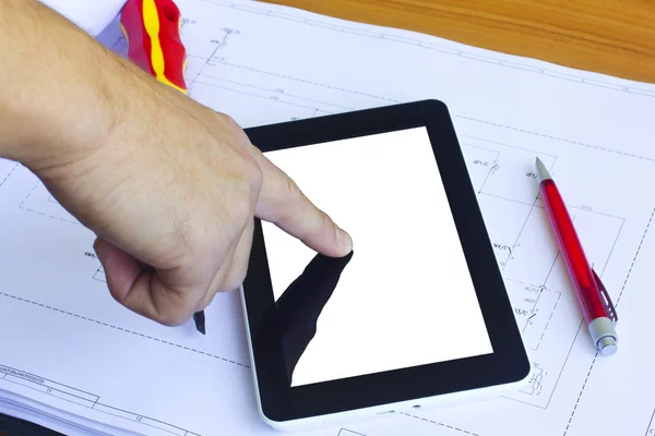 Tablet computer over engineering diagram — Stock Photo, Image