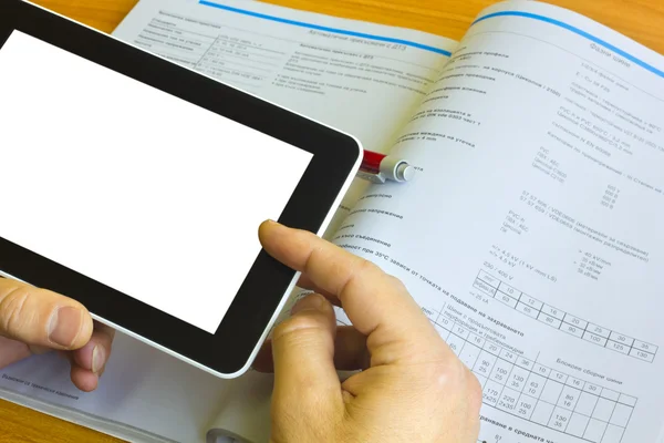 Man working with tablet over engineering diagram — Stock Photo, Image