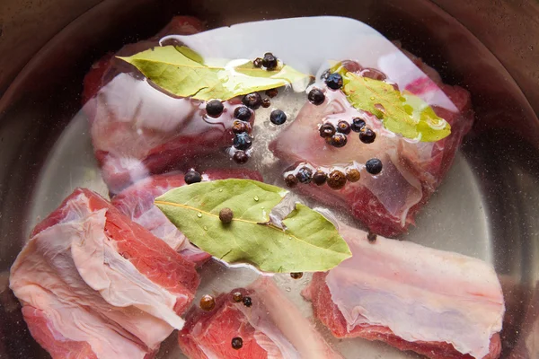 Ингредиенты для говяжьего супа, приготовленные в кастрюле — стоковое фото