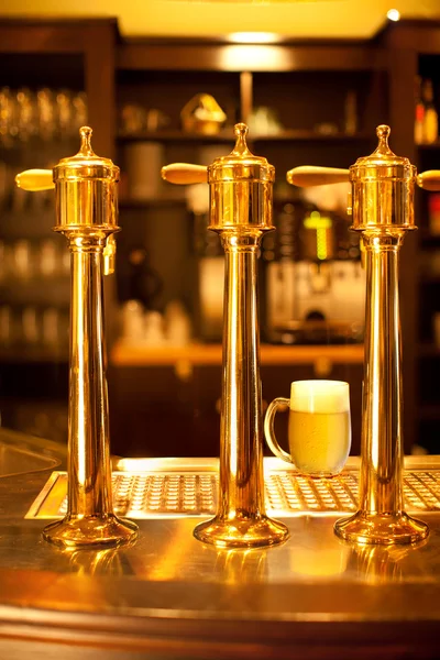 Glas van de spon bier en goud — Stockfoto