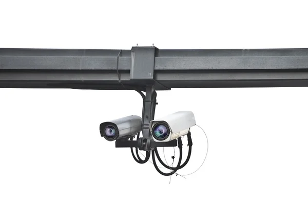Обеспечивает установку камеры безопасности на столбе на белом фоне — стоковое фото