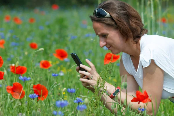 Woman takes photo of red poppies on smartphone