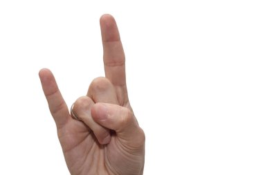 Female hand on white background shows a goat