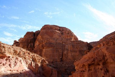 Egypt, Sinai Peninsula. Landscape in the color canyon. Red rocks and blue sky. Big rocky mountains. Egipedes landscape. Protected zone.