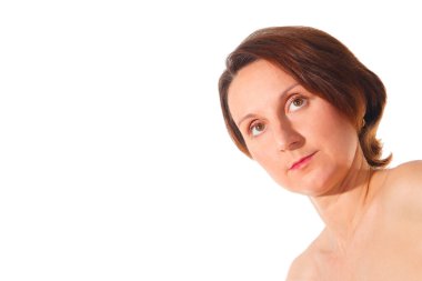 Closeup female portrait. Brunette woman on the white background. 