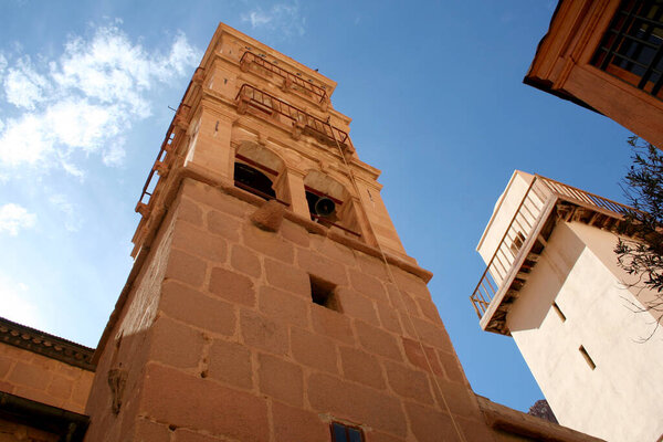 Saint Catherine's Monastery. Sacred Monastery of the God-Trodden Mount Sinai. Bell tower at Saint Catherine's Monastery. The monastery is one of the oldest working Christian monasteries in the world.