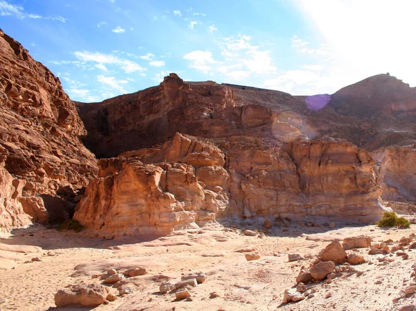 Egypt, Sinai Peninsula. Landscape in the color canyon. Red rocks and blue sky. Big rocky mountains. Egipedes landscape. Protected zone.
