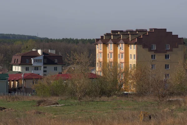 Houses near the green field. Rural architecture. Rural houses.