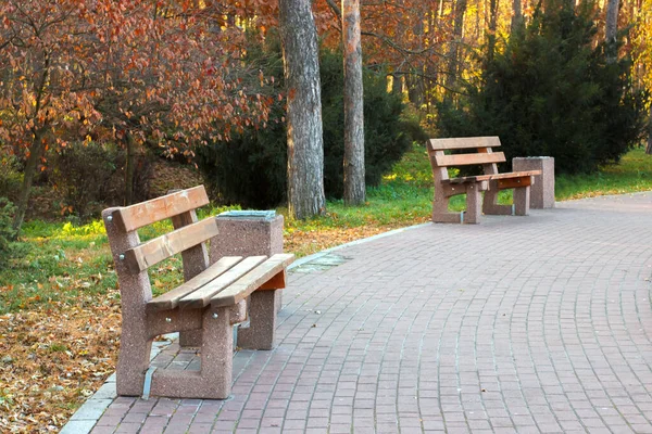 Two benches stand in the autumn park
