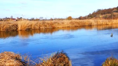 First frosts. The river starts to ice. Winter river. Rural landscape. Cold mountain river.