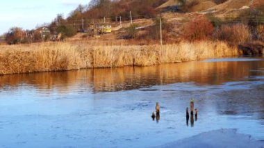 First frosts. The river starts to ice. Winter river. Rural landscape. Cold mountain river