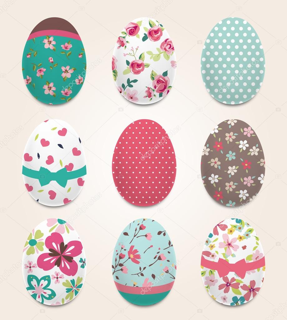 Set of color painted Easter eggs,flower pattern vector background