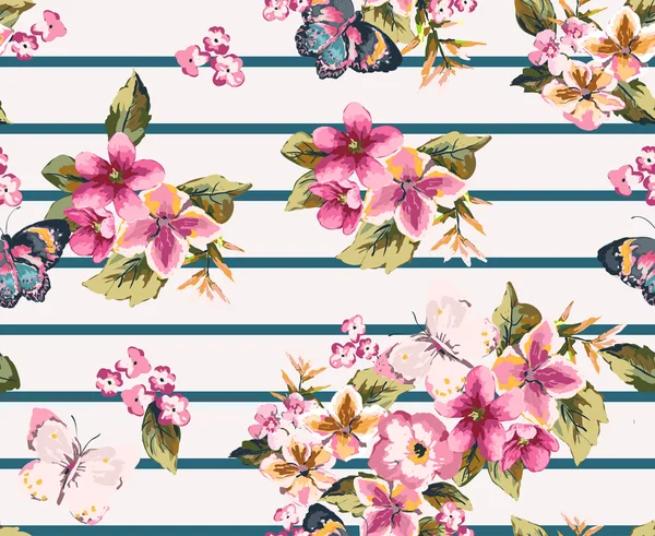 Schmetterling mit floralem nahtlosem Muster auf Streifenhintergrund — Stockvektor