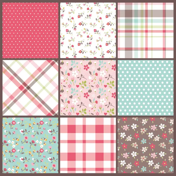 Set of nine orated seamless cute tiny floral,flowers with check and dots texture vector background — Stock Vector