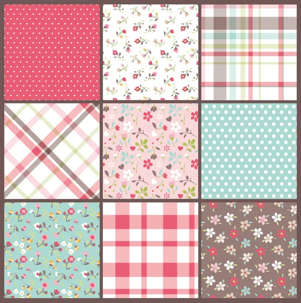Set of nine orated seamless cute tiny floral,flowers with check and dots texture vector background Stock Vector