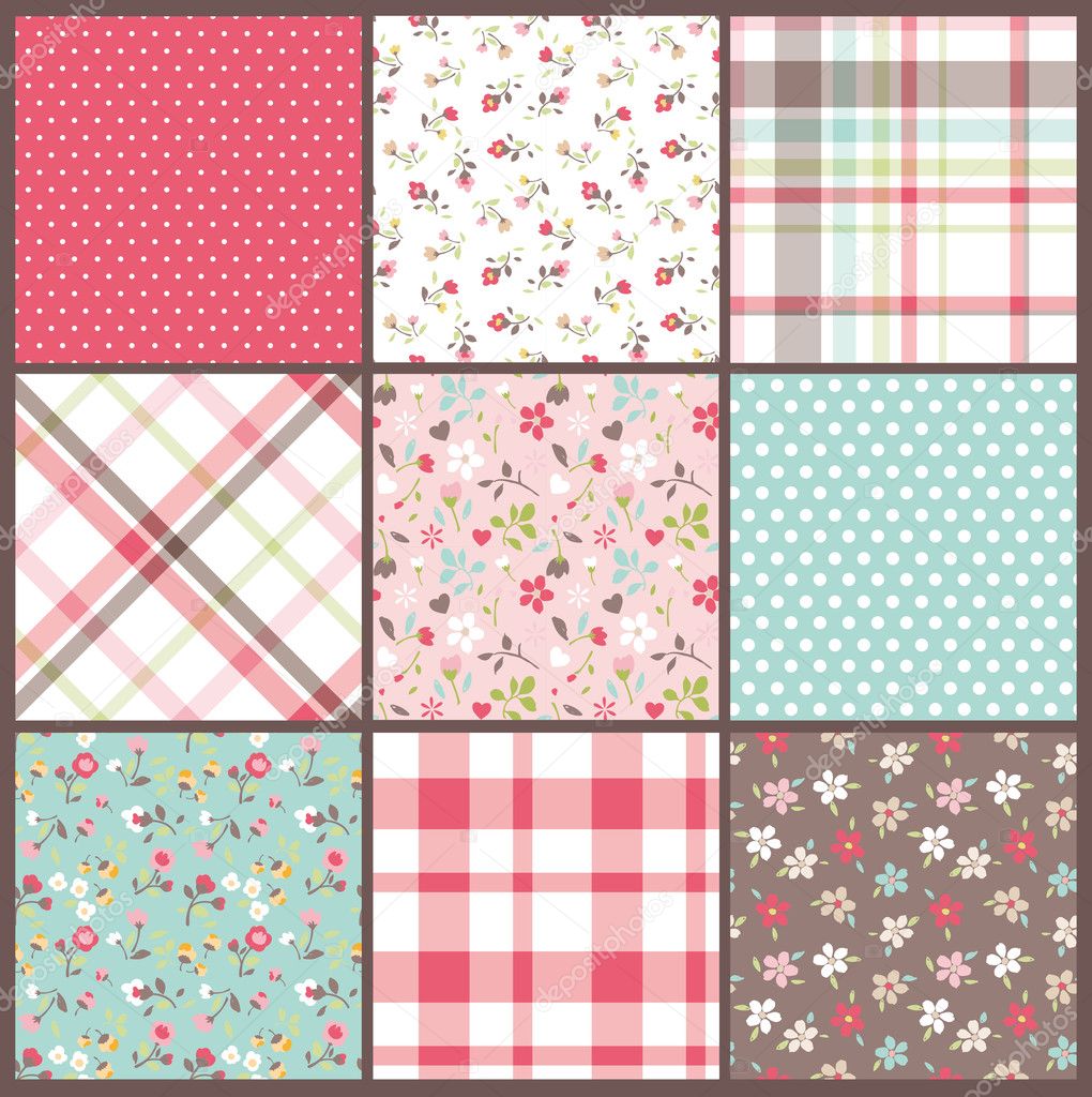 Set of nine orated seamless cute tiny floral,flowers with check and dots texture vector background