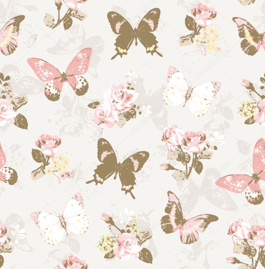 Seamless rose with butterfly on background