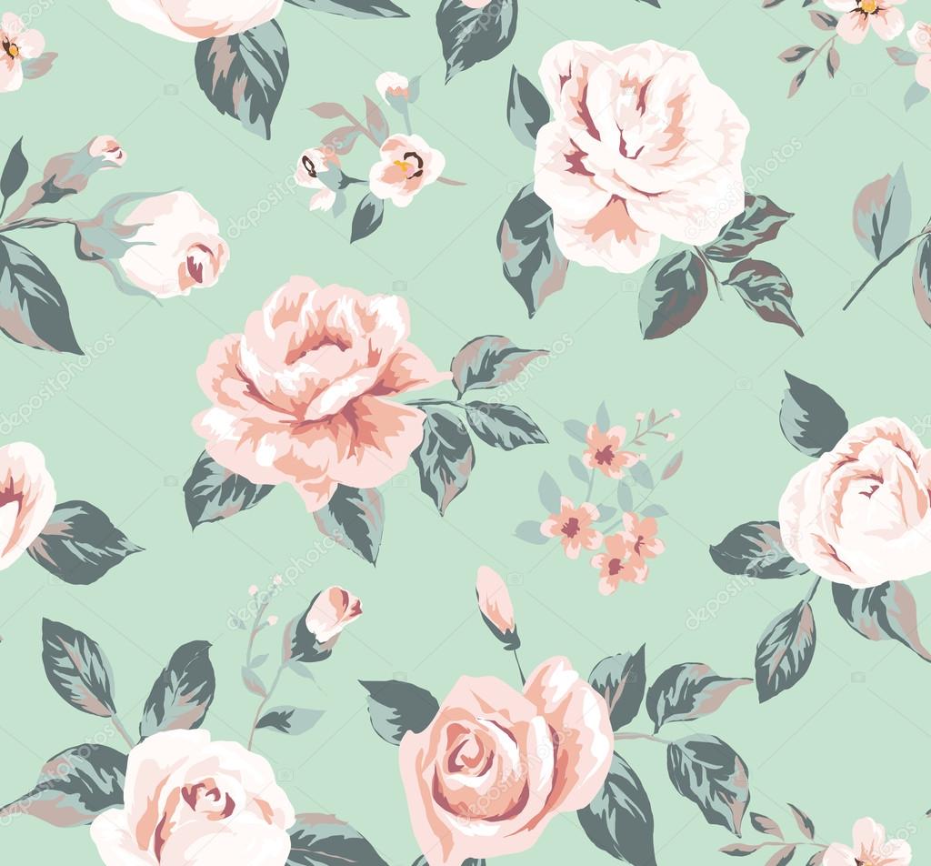 Classic wallpaper seamless vintage flower pattern on green background