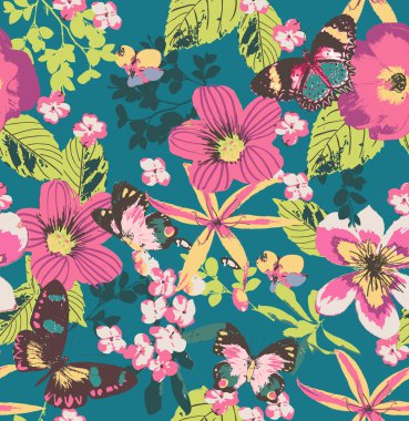 kelebek mavi zemin üzerine Dikişsiz hibiscus botanik çiçek tropikal