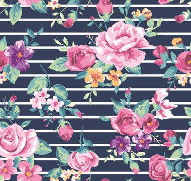 Vintage tropical flower pattern with stripe background clipart