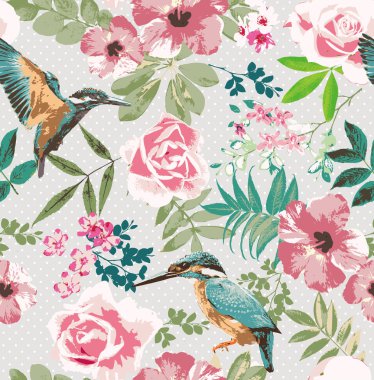 Seamless tropical floral with birds on dot background pattern clipart